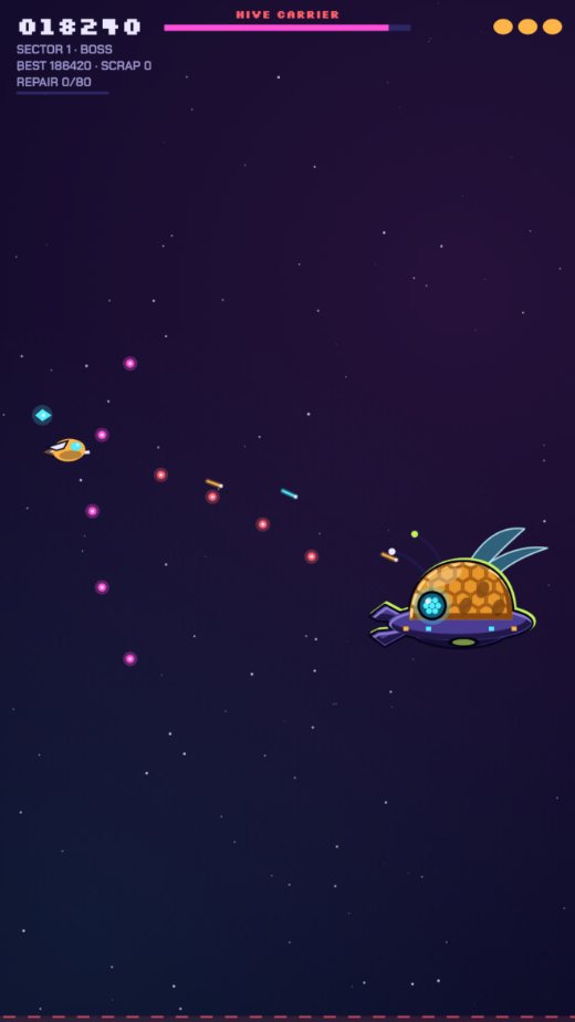 The Hive Carrier, an amber honeycomb hive on a violet saucer, fires a spread of bolts at the jet